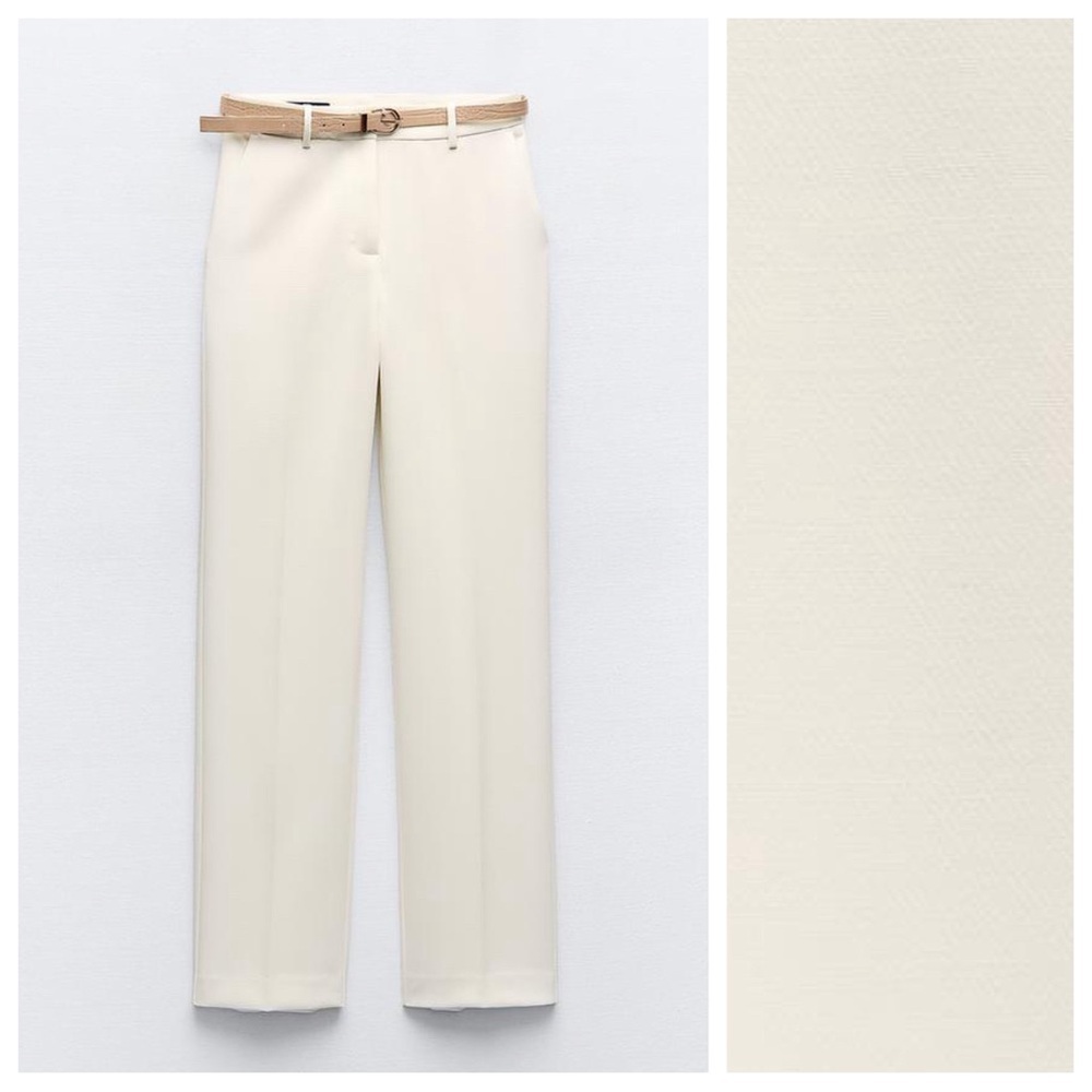 NWT. Zara Ecru Viscose Blend Belted Straight Leg Pants. Size L. - Picture 6 of 11